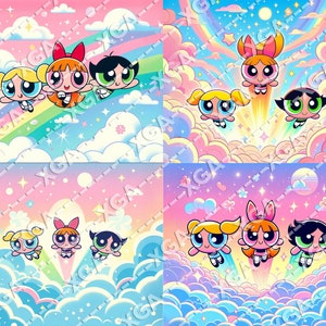Puede incluir: Una ilustración digital de las Chicas Superpoderosas volando a través de un arcoíris y nubes. Las chicas llevan sus atuendos característicos y tienen el pelo en coletas. El fondo es de color rosa pastel y azul con estrellas y corazones.