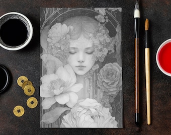 Página para colorear Libro para colorear imprimible para adultos Descarga instantánea Coloración en escala de grises de alta calidad A3 A4 PDF JPG