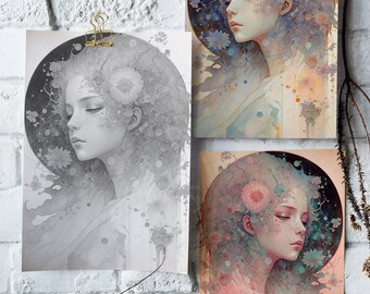 Póster imprimible Página para colorear Libro para colorear para adultos Descarga instantánea Coloración en escala de grises de alta calidad A3 A4 PDF JPG