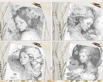 Página para colorear para adultos, paquete imprimible para colorear, juego de 4 descargas instantáneas, hada de las flores de alta calidad, escala de grises, para colorear, A3, A4, PDF, JPG