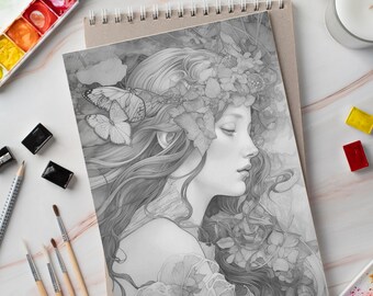 Página para colorear imprimible Póster Libro para colorear para adultos Descarga instantánea Alto hermoso cabello rizado Hada Escala de grises para colorear A3 A4 PDF JPG