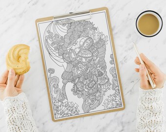 Hojas para colorear antiguas para adultos_Página para colorear de gran tamaño_Libro para colorear imprimible_Alta calidad_Mandala dibujado a mano_Descarga digital