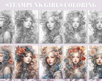 Paquete de página para colorear Steampunk Juego de 5 para colorear imprimible para adultos Descarga instantánea Coloración en escala de grises de alta calidad A3 A4 PDF JPG