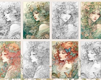 Paquete de páginas para colorear Juego de 4 para colorear imprimible para adultos Descarga instantánea Hada floral de alta calidad en escala de grises para colorear A3 A4 PDF JPG