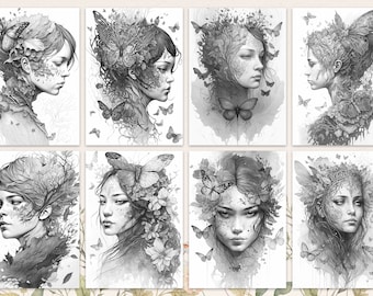 Paquete de páginas para colorear Conjunto para colorear imprimible de 8 para adultos Descarga instantánea de alta calidad Dark Fairy Grayscale Coloring PDF JPG Halloween