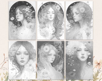 Paquete de páginas para colorear Juego de 6 para colorear imprimible para adultos Descarga instantánea Klimt de alta calidad inspirado en escala de grises para colorear A3 A4 PDF JPG