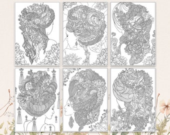 Paquete de páginas para colorear Colorante imprimible para adultos Descarga instantánea Línea de arte de alta calidad para colorear A3 A4 PDF JPG conjunto de 6