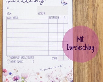 Quittungsblock mit Durchschlag im Format DIN A6 - Floraler Kassenblock - Rechnungsblock mit Wildblumen - Auch für Kleinunternehmer nutzbar