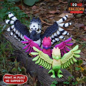 May include: Three colorful 3D-printed bird figurines with outstretched wings are displayed on a weathered wooden surface. The birds feature a variety of colors, including black, white, pink, purple, and green. The text "PRINT.IN.PLACE NO SUPPORTS" is visible.