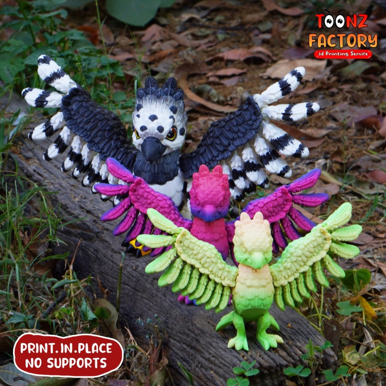 May include: Three colorful 3D-printed bird figurines with outstretched wings are displayed on a weathered wooden surface. The birds feature a variety of colors, including black, white, pink, purple, and green. The text "PRINT.IN.PLACE NO SUPPORTS" is visible.
