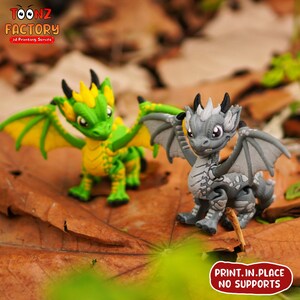 K&ouml;nnte beinhalten: Zwei 3D-gedruckte Drachenfiguren, eine gr&uuml;n und gelb, die andere grau mit wei&szlig;en Markierungen. Beide Drachen haben Fl&uuml;gel und sind mit ausgebreiteten Fl&uuml;geln posiert. Der Text "PRINT. IN. PLACE NO SUPPORTS" ist im Bild sichtbar.