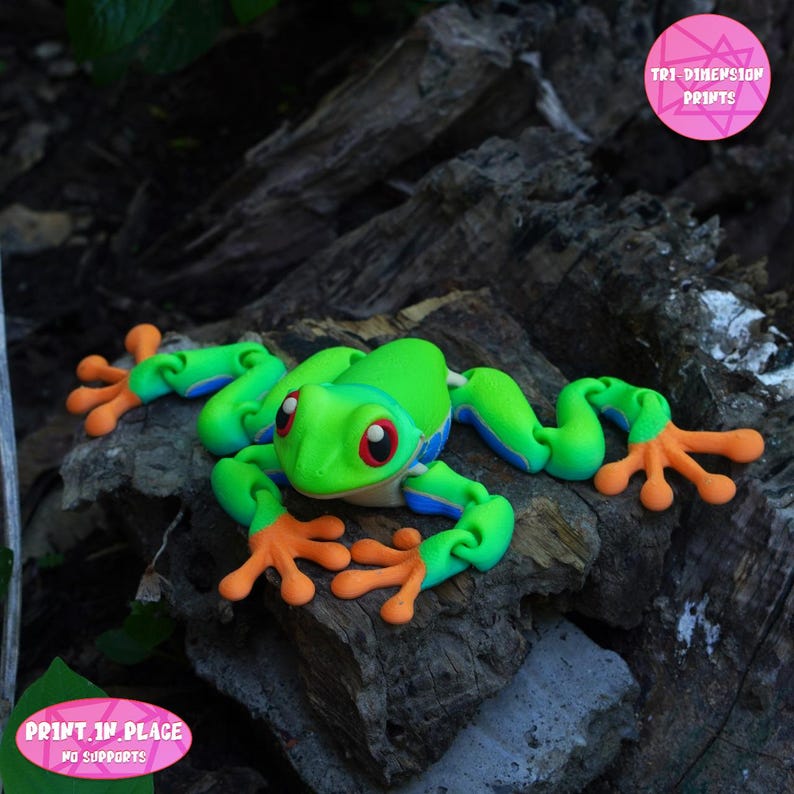 Op de afbeelding: Een felgroene en oranje 3D-geprinte kikkerfiguur met rode ogen en blauwe accenten. De kikker ligt op een stuk verweerd hout. De afbeelding bevat de tekst "TRI DIMENSION PRINTS" en "PRINT IN PLACE NO SUPPORTS".