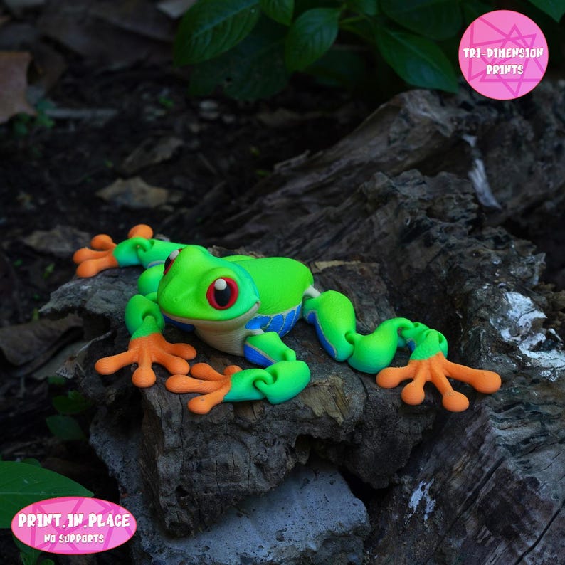 Op de afbeelding: Een felgroene en blauwe kikkerfiguur met oranje voeten en rode ogen rust op een verweerd houten oppervlak. De kikker is een 3D-print, zoals aangegeven door de tekst "Print in Place" en "Tri-Dimension Prints" op roze ovalen.