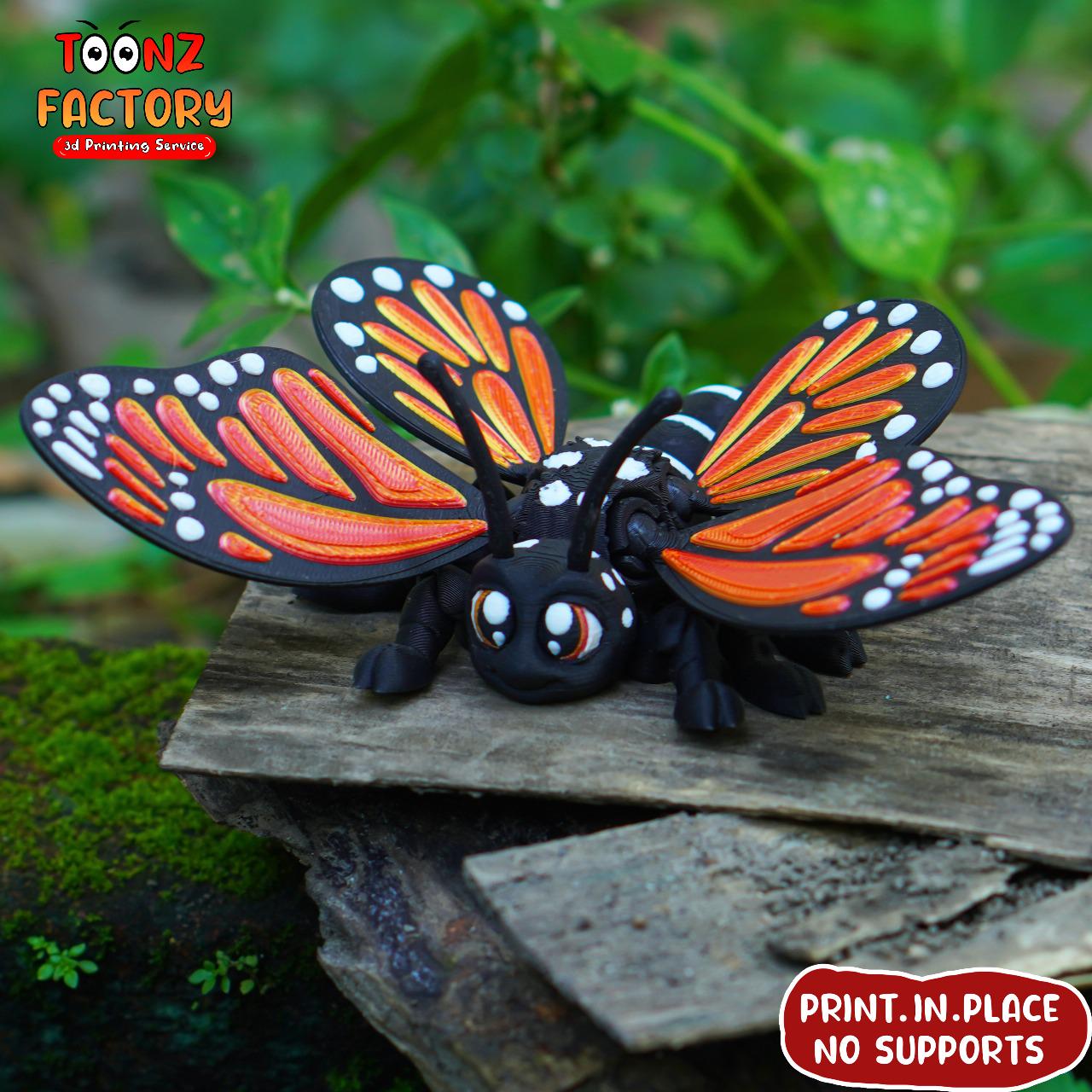 Flexi Monarch Butterfly 3D Model: Articulated Print-in-place