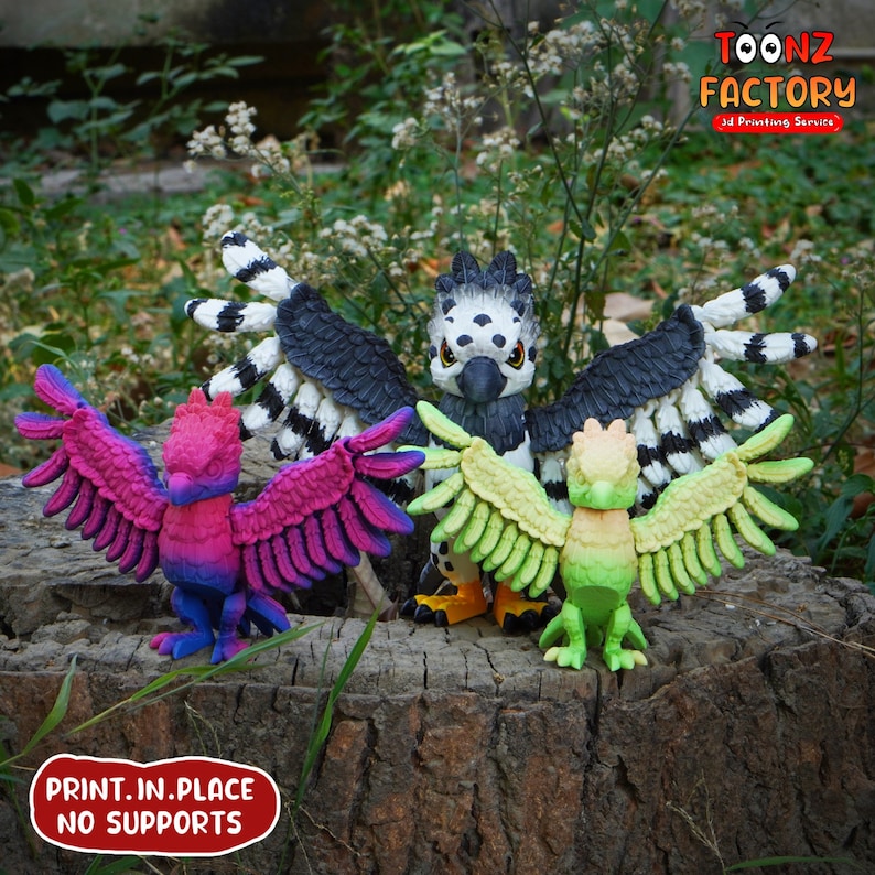 May include: A collection of colorful 3D-printed bird figurines with outstretched wings. The birds are in shades of pink, blue, green, and yellow, with black and white accents. The text "PRINT.IN.PLACE NO SUPPORTS" is visible.