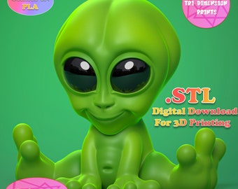 May include: A 3D printable model of a green alien sitting with its legs crossed. The model is labeled .STL Digital Download for 3D Printing. The image also includes the text "Great in PLA", "Tri-Dimension Prints", and "No Supports".