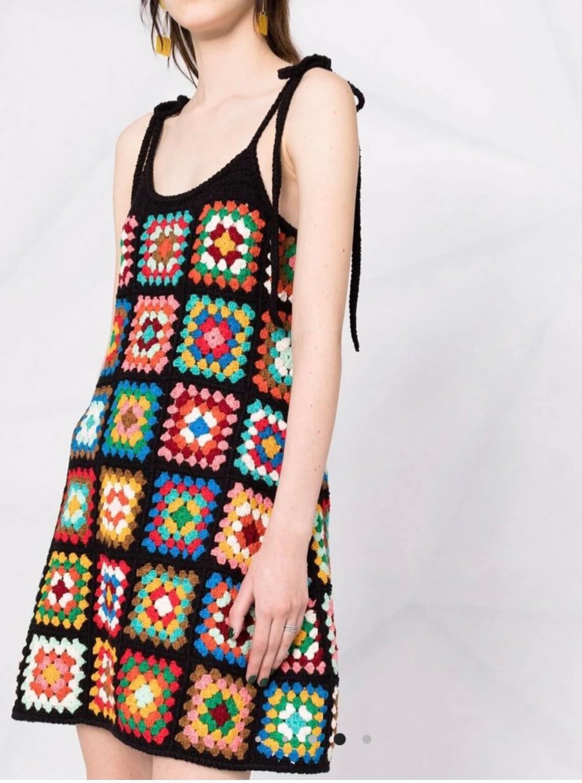 Crochet Granny Square Dress Crochet Dress Black Colorfull Etsy