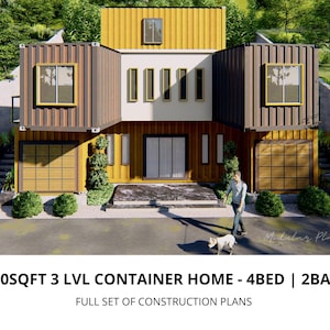 2x40&#39; & 2x20&#39; Hillcrest Container Home Plan | Container Home Full Set Construction Plan | 3 Floors Including Garage | Modular Home Plans