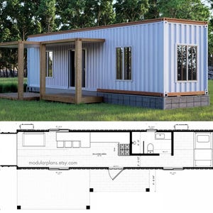 May include: A light blue container home with a wooden porch and trim. The home has large windows and a contemporary design. A floor plan is shown below the house. The floor plan includes measurements.