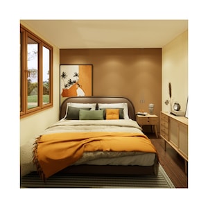 Pu&ograve; includere: Una camera da letto con una struttura del letto marrone, una coperta gialla e una parete marrone con un dipinto di palme. C'&egrave; un comodino in legno con una lampada e una cassettiera in legno con cassetti.