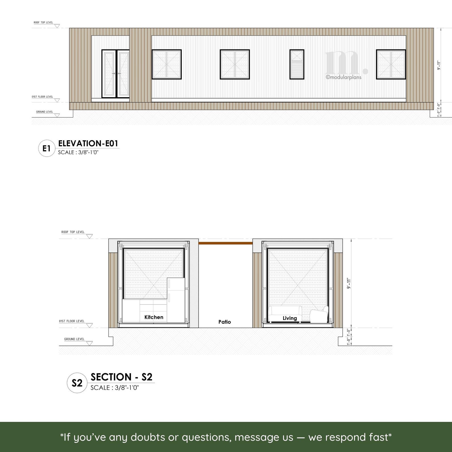 2x40' Container Home Plans – 2 Bed 2 Bath Modular Home Architectural ...