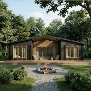 Pode incluir: Uma cabana moderna com exterior escuro e detalhes em madeira, rodeada por vegetação exuberante. A cabana possui grandes janelas, um deck de madeira e um caminho de cascalho que leva a uma fogueira. Duas cadeiras de vime e pequenas mesas estão no deck.