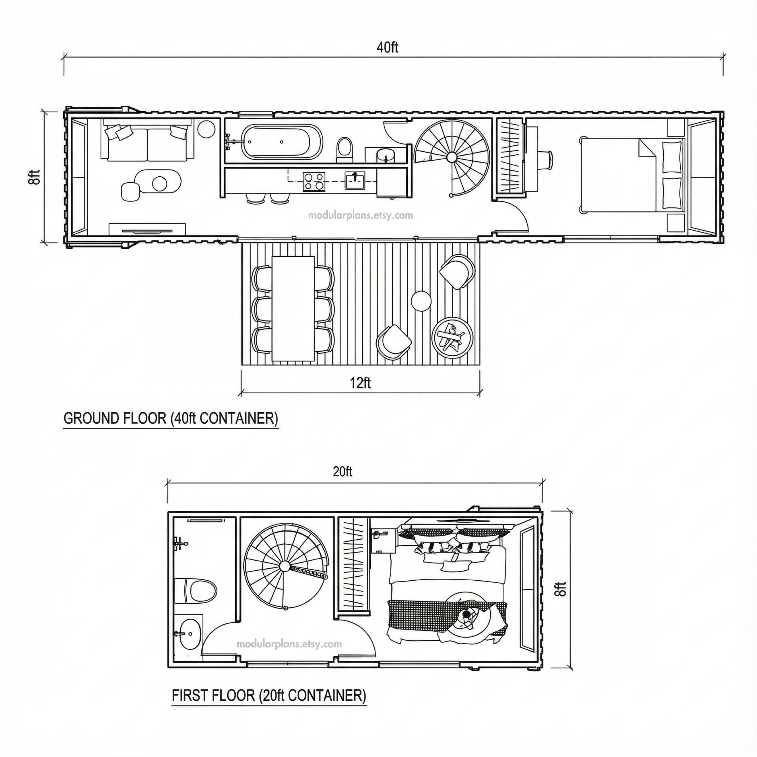 40' 20' Container House Plans | 2 Bed Small House Plans | Tiny House ...