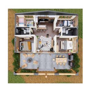 Pu&ograve; includere: Una vista dall'alto di un piano di un'abitazione moderna con due camere da letto, due bagni, una cucina, un soggiorno e un patio. La casa ha un pavimento in legno chiaro e pareti bianche. Il patio ha un focolare e un tavolo da pranzo.