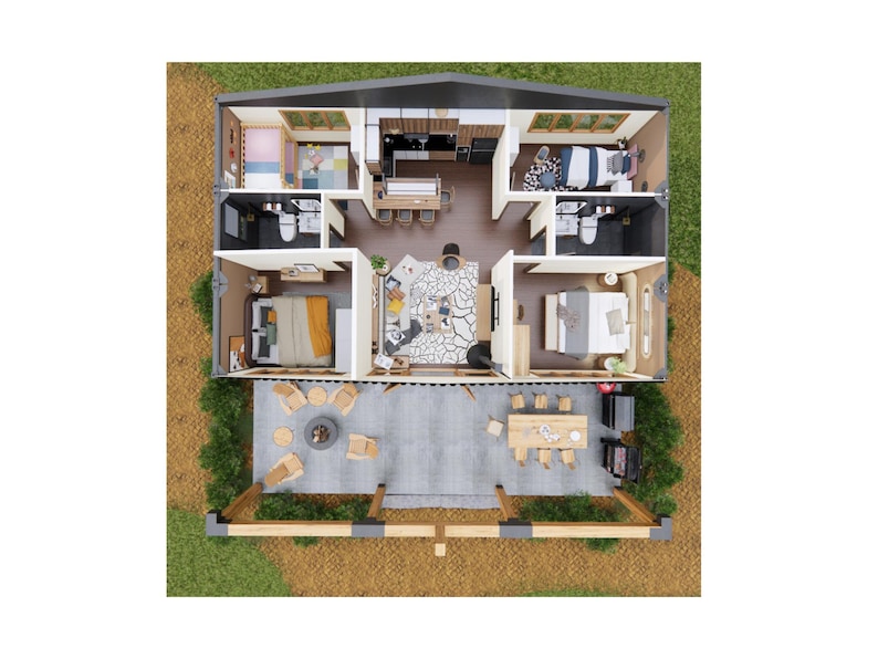 Pu&ograve; includere: Una vista dall'alto di un piano di un'abitazione moderna con due camere da letto, due bagni, una cucina, un soggiorno e un patio. La casa ha un pavimento in legno chiaro e pareti bianche. Il patio ha un focolare e un tavolo da pranzo.