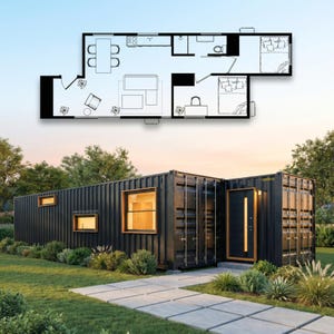 Planer för containerhus på 2 x 40 fot | Planer för containerhus med 2 sovrum och 1 badrum | Planer för moderna hus | Planritningar för moderna containerhus på 640 kvadratfot | CAD+PDF
