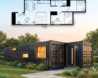 2 x 40ft Container Home Plans | 2 Bed 1 Bath Container House Plans | Modern House Plans | 640SF Modern Container House Floor Plans | CAD+PDF