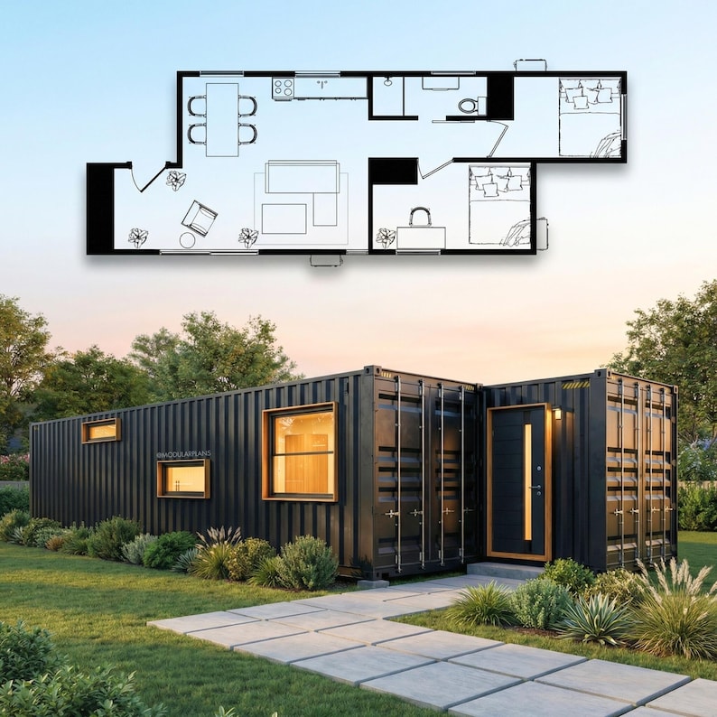 Rectangular Shower Basin Drawing 2 X 40ft Container Home Plans | 2 Bed 1 Bath Container House Plans ...