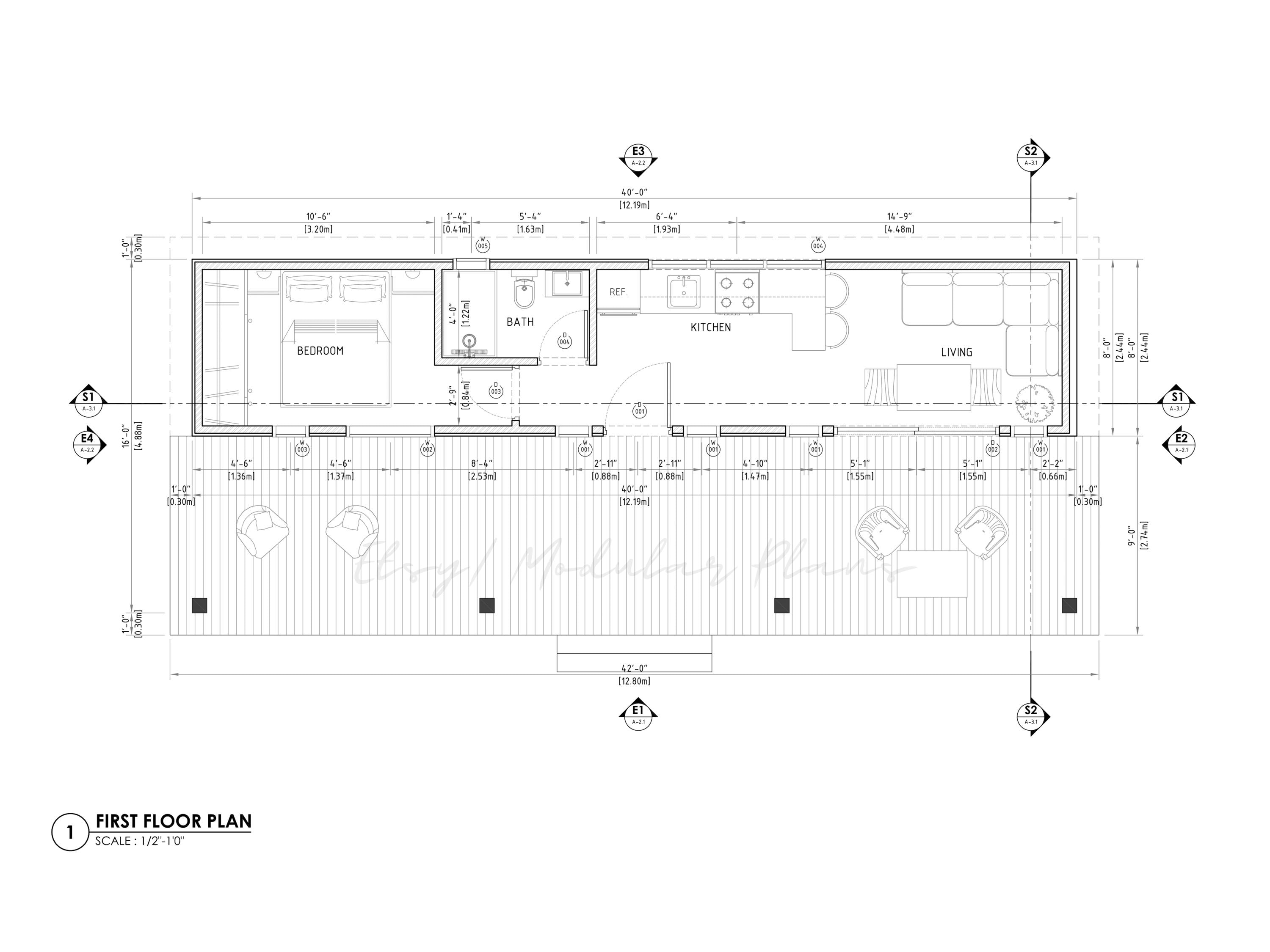 40ft Container Home Plans | 1 Bedroom Container Home Plans | 40 Feet ...