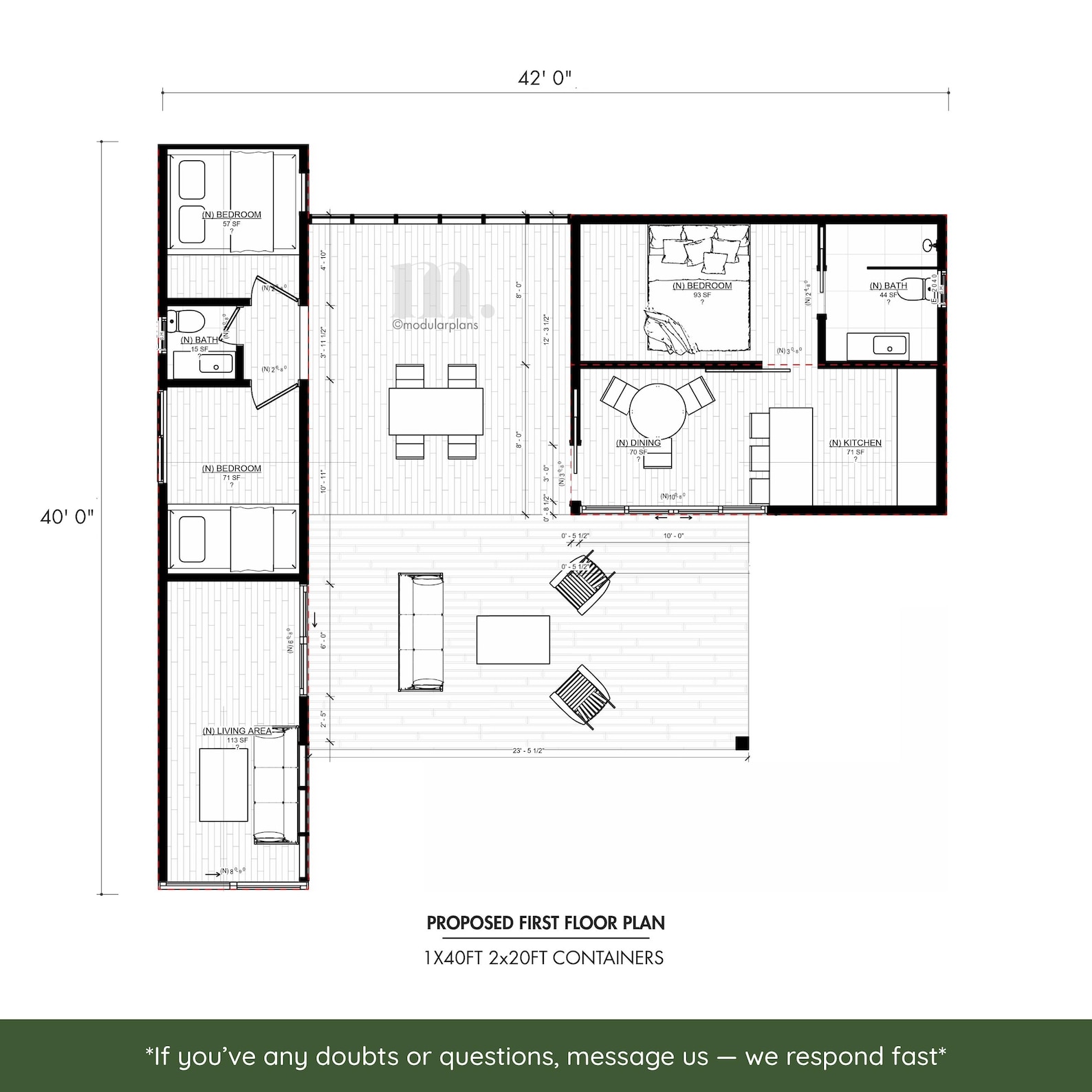 1x40' 2x20' Container House Plans | 3 Bed 2 Bath Container Home | Full ...