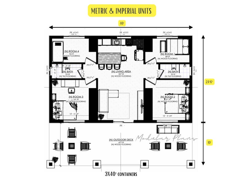 Pu&ograve; includere: Pianta di un'abitazione modulare in bianco e nero con quattro stanze, un soggiorno e un terrazzo esterno. Il piano include misure in piedi e pollici. Il testo "Modular Plans" &egrave; visibile nell'angolo in basso a destra.