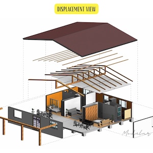 Pu&ograve; includere: Una vista esplosa in 3D della costruzione di una casa, che mostra il tetto, la struttura, le pareti e l'interno. La casa &egrave; progettata in stile moderno e presenta una grande finestra e un ponte in legno.