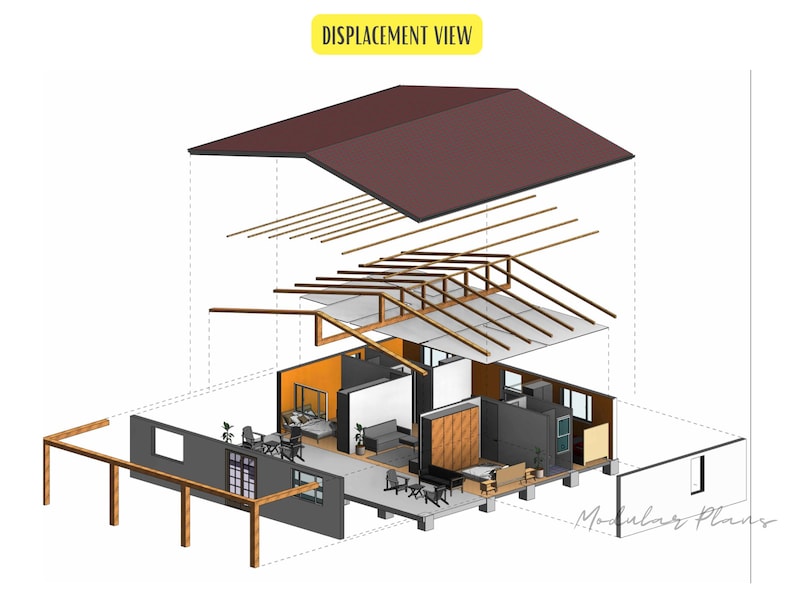 Pu&ograve; includere: Una vista esplosa in 3D della costruzione di una casa, che mostra il tetto, la struttura, le pareti e l'interno. La casa &egrave; progettata in stile moderno e presenta una grande finestra e un ponte in legno.