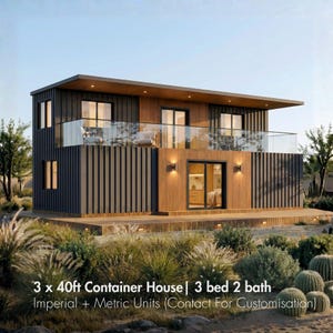 Plantas de casas container 3x40' | Casa container com 2 quartos | Projetos arquitetônicos de casas container | Projetos para aprovação de casas container - PDFs e CAD