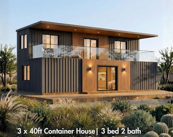 Progetti per case container 3x40' / Casa container con 2 camere da letto / Progetti architettonici per case container / Progetti per permessi di costruzione per case container - PDF e CAD