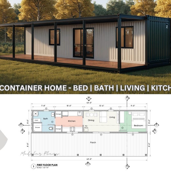 40' Container Home Plans - Full Set Architectural Plans - 360SF Modular Container Home Blueprints - 40 feet Container Home Floor Plan