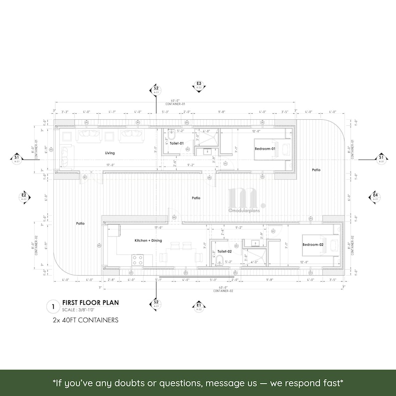 2x40' Container Home Plans – 2 Bed 2 Bath Modular Home Architectural ...