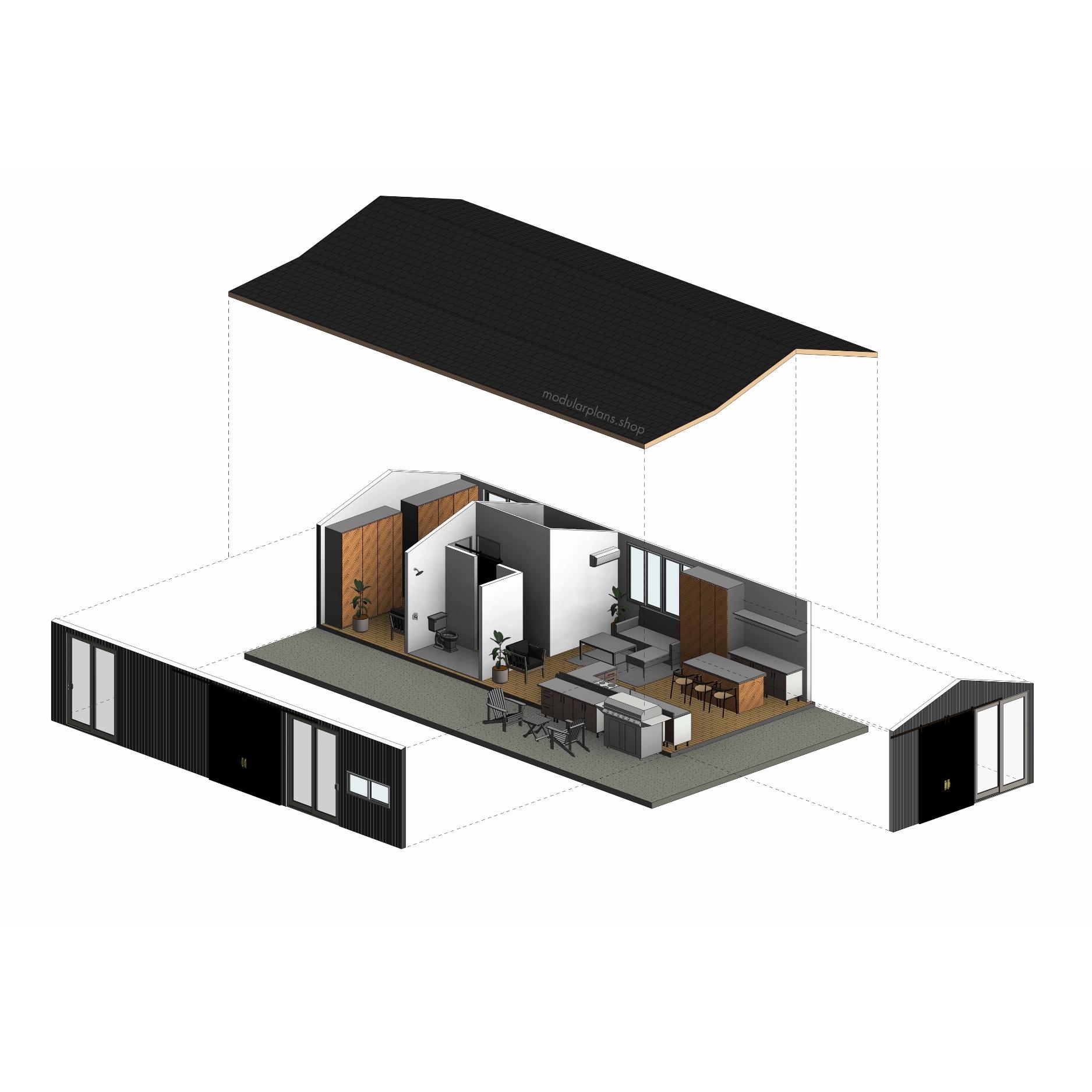 2x40' Container Home Plans | 2 Bed 1 Bath Container Plans | 640SF ...