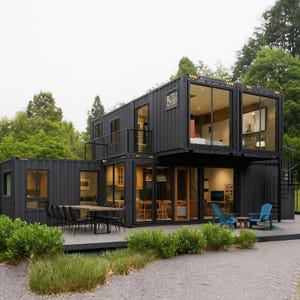 May include: Modern two-story home constructed from black shipping containers. Features large glass windows, a balcony, and a spiral staircase. Includes an outdoor dining area with a table and chairs, and two blue Adirondack chairs.