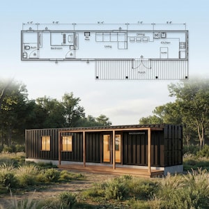 40' Container Home Plans | 1 Bed 320SF Modern Container House | Tiny House Plans | 40ft Shipping Container House - Full Architectural Plans