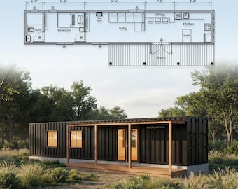 40' Container Home Plans | 1 Bed 320SF Modern Container House | Tiny House Plans | 40ft Shipping Container House - Full Architectural Plans