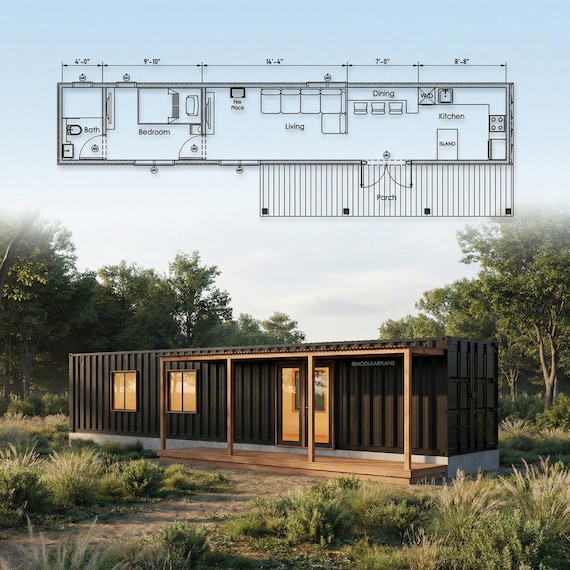 40' Container Home Plans | 1 Bed 320SF Modern Container House | Tiny House Plans | 40ft Shipping Container House - Full Architectural Plans