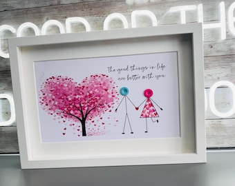 Love Couples Button People Personalised Gift Frame (Unique Wedding Anniversary Valentines Bride and Groom gift)