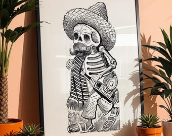 Skeleton Mexican Folk Art Print by José Guadalupe Posada: Día de los Muertos Decor