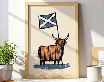 Highland Cow Wall Art, Scottish Folk Art Print, Scotland Flag Decor
