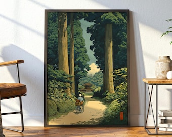 Vintage Japanese Cycling Poster: Man Riding Bike In Green Forest, Japandi Wall Art